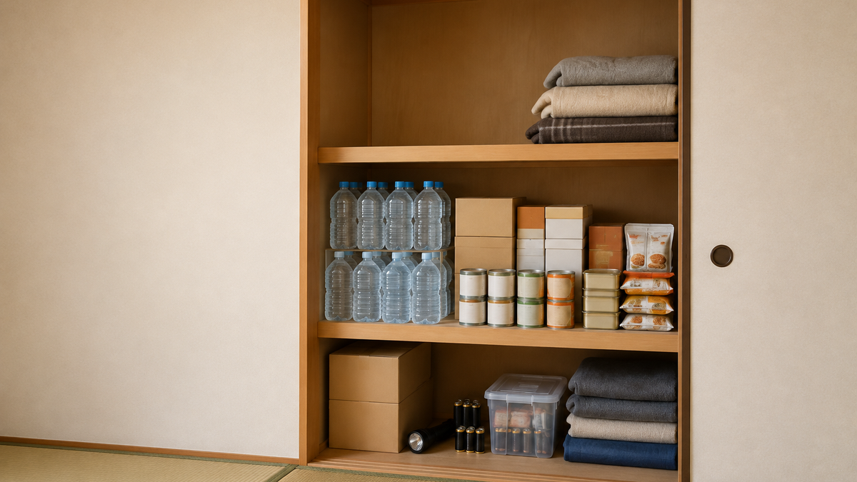 押入れに飲料水・保存食・毛布などを収納した備蓄の様子